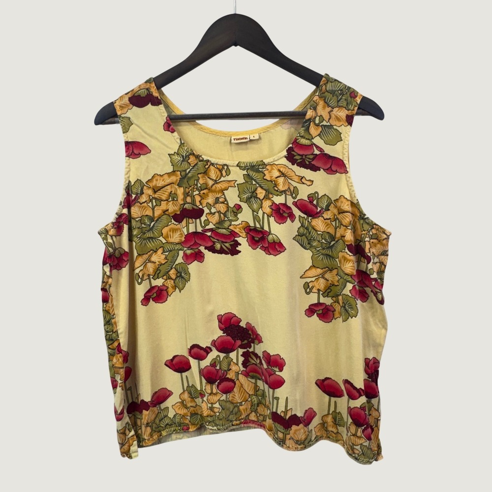 Tianello Crop Tank Top Large Yellow Floral Poppy Tencel Rayon Boho Cottagecore